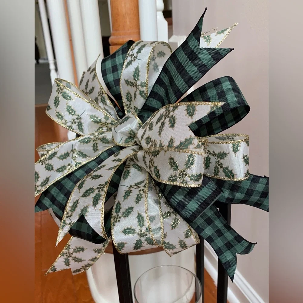 Christmas Wreath Bow, Farmhouse Christmas Bow, Green and Gold Christmas Bow, - Picture 3 of 5